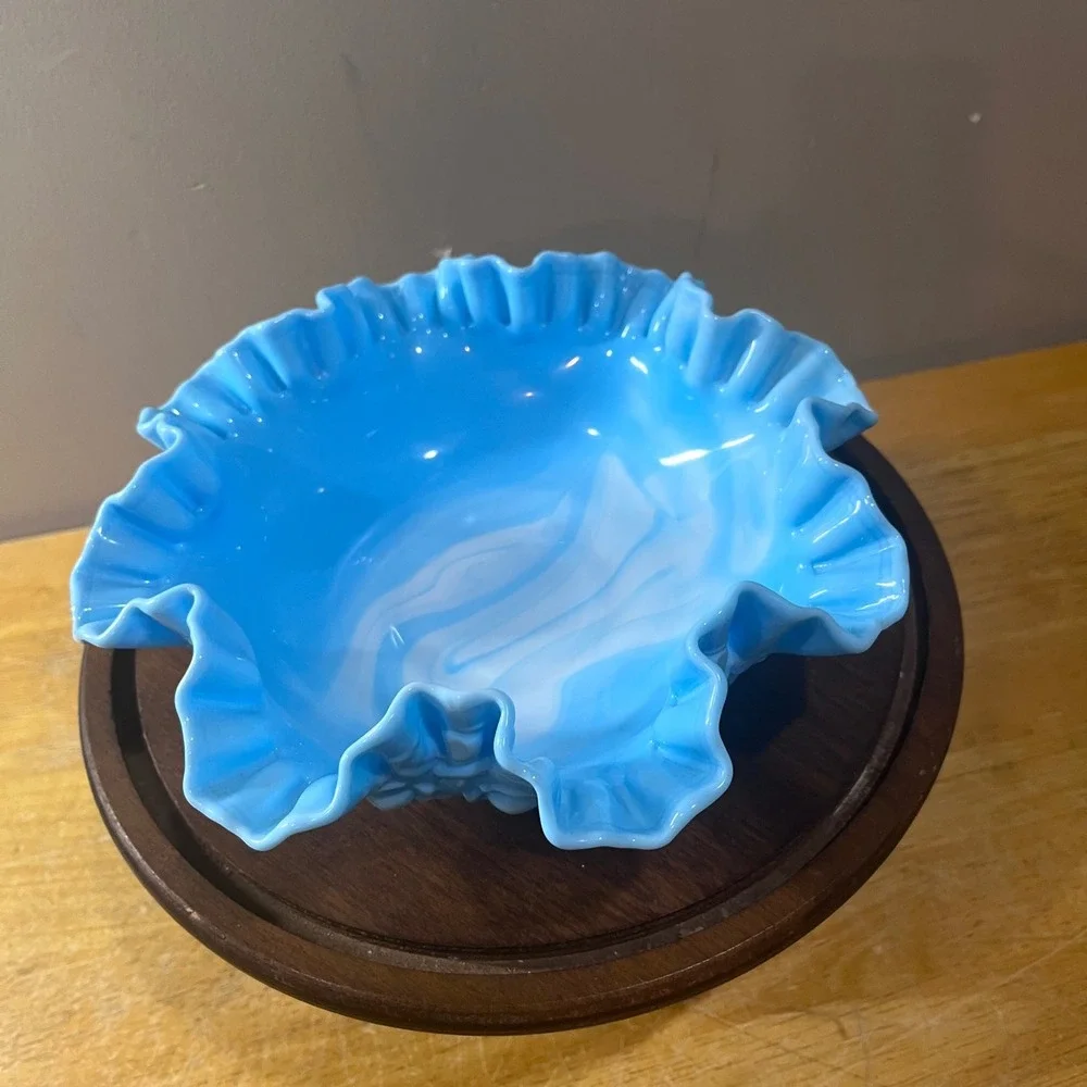 Vtg Fenton Blue Slag Glass Cabbage Rose Ruffled Edge Decorative Bowl 8